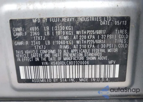 2013 Subaru Outback 3.6R Limited из США, поврежденный, VIN 4S4BRDLC8D2320006